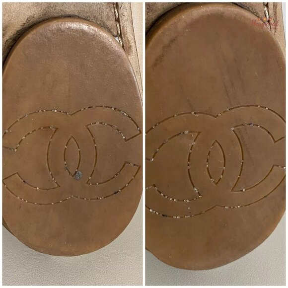 Authentic CHANEL Taupe Leather White Patent Leather Cap Toe Ballet Flats 7.5 - Picture 10 of 14